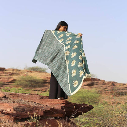 La Joie Handmade Block Print Green Cotton Silk Large Scarf by Ichcha