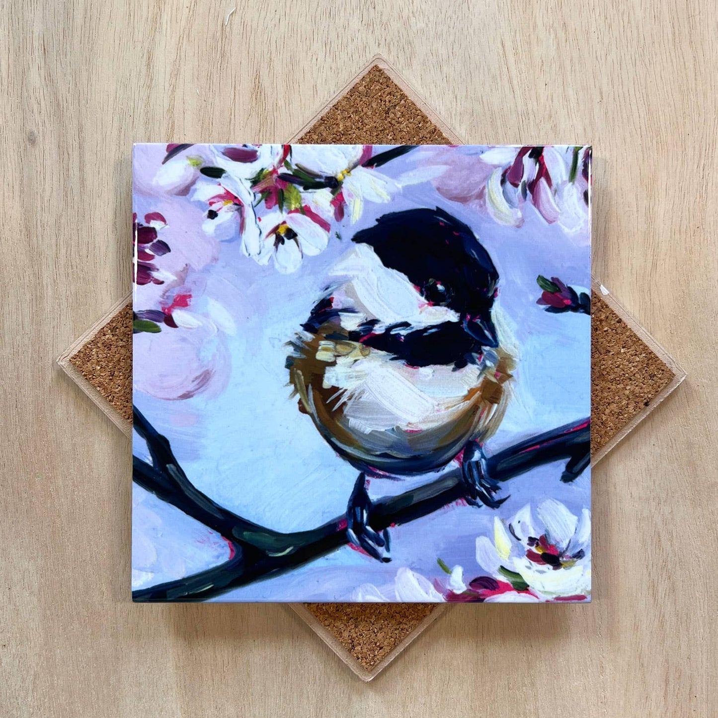 Chickadee in Cherry Tree Trivet by Art by Alyssa - Maine Yarn & Fiber Supply