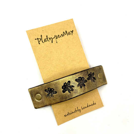 Stamped Golden Bees Shimmer Leather Hair Barrette by PlatypusMax