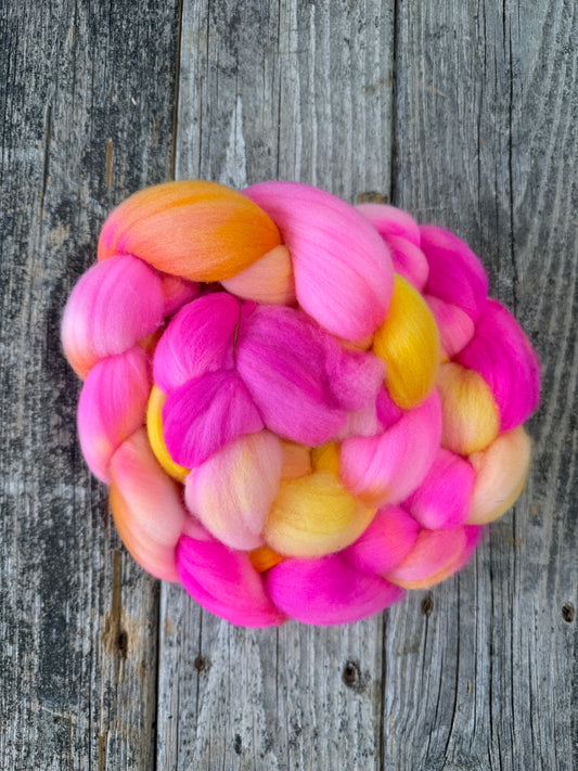 Hand Dyed Merino Top Fiber Braid 5.7oz “Pink Pony Club"