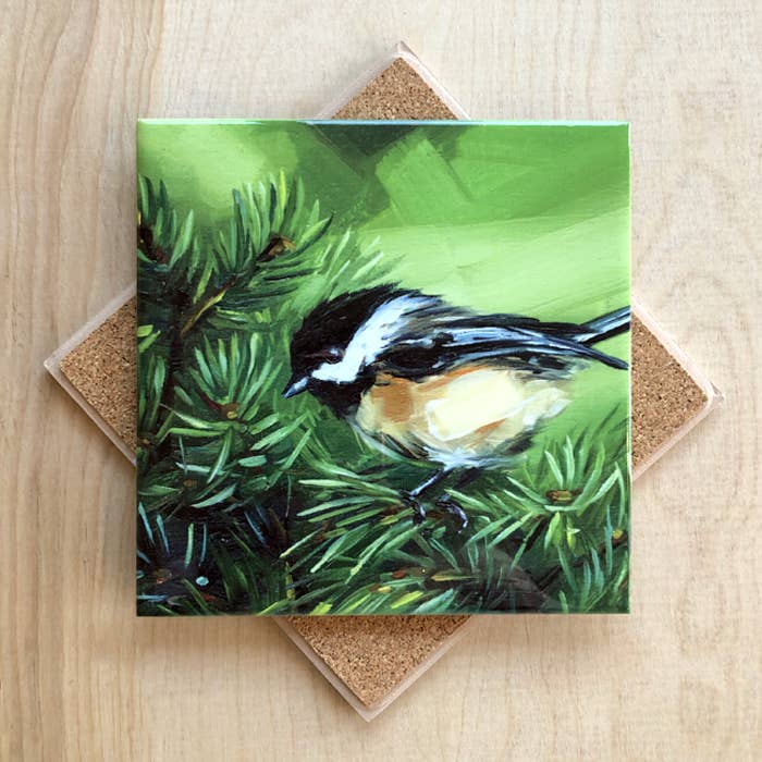 Chickadee in Pine Trivet by Art by Alyssa