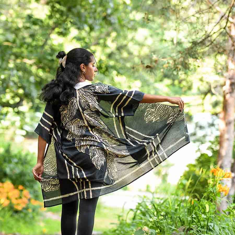 Jungle Black Lounge Kimono/Robe Beach Coverup by Ichcha - Maine Yarn & Fiber Supply