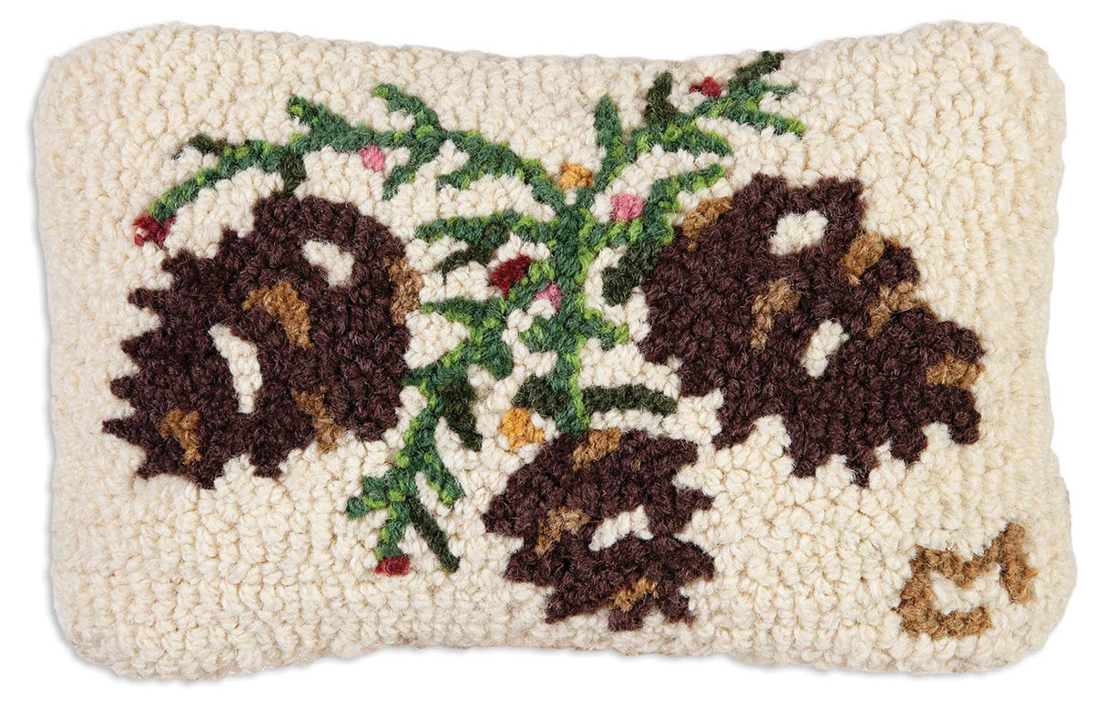 Winterberry Cones 8" x 12" Hand Hooked Wool Pillow from Chandler 4 Corners - Maine Yarn & Fiber Supply
