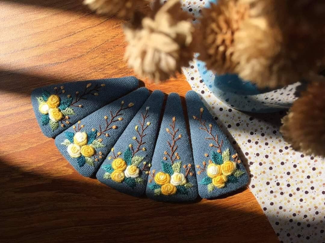 Yellow Flower Soft Blue Floral Embroidered Hair Barrette from Quince Fables