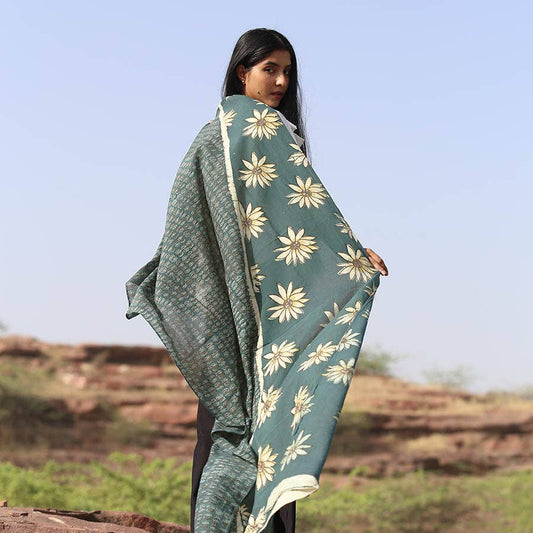 La Joie Handmade Block Print Green Cotton Silk Large Scarf by Ichcha