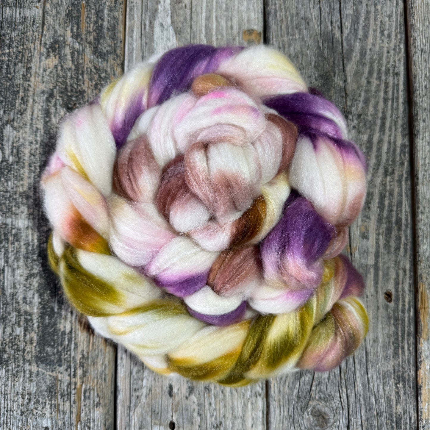 Hand Dyed Merino/Silk/Cashmere Top Fiber Braid 5.5oz “Sparkle” (Copy)