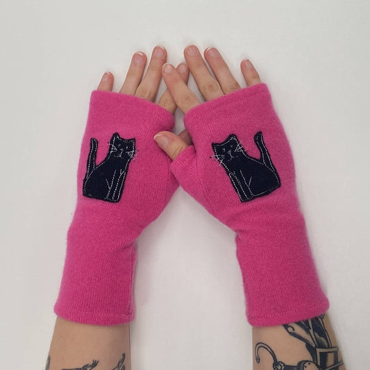 Black Cat on Pink - Fingerless Cashmere Gloves from Sardine Clothing Co.