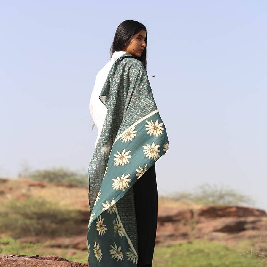 La Joie Handmade Block Print Green Cotton Silk Large Scarf by Ichcha