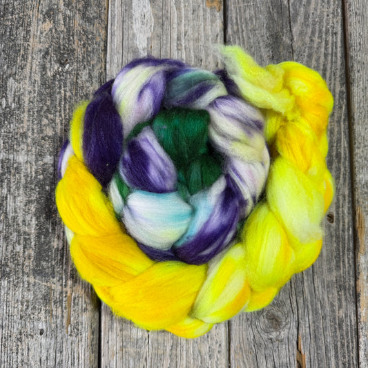 Hand Dyed Merino/Silk/Cashmere Top Fiber Braid 4.8oz “Sparkle”