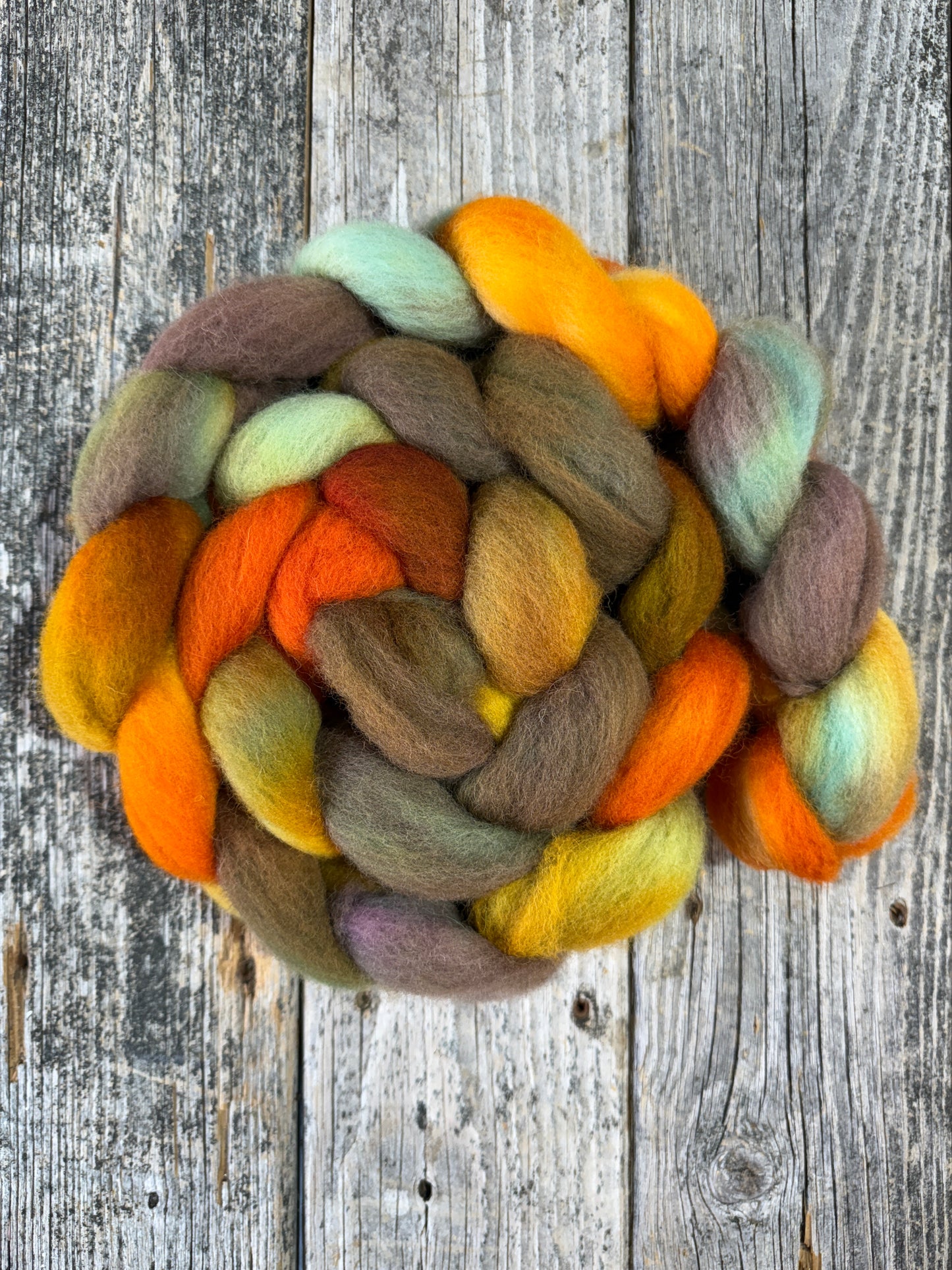 Hand Dyed Cheviot Top Fiber Braid 7oz “Pumpkin Patch”