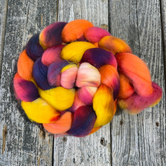 Hand Dyed BFL Top Fiber Braid 5.3oz “Zinnia”