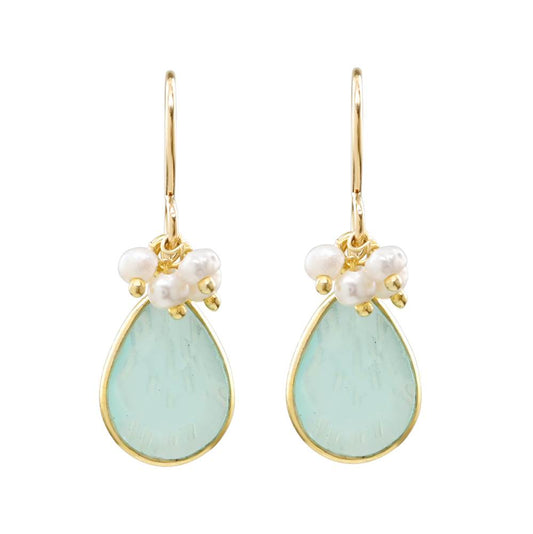 Blue Chalcedony Teardrop Gold Vermeil with Pearl Cluster Earrings by Sonoma Art Works