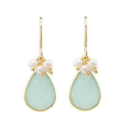 Blue Chalcedony Teardrop Gold Vermeil with Pearl Cluster Earrings by Sonoma Art Works - Maine Yarn & Fiber Supply