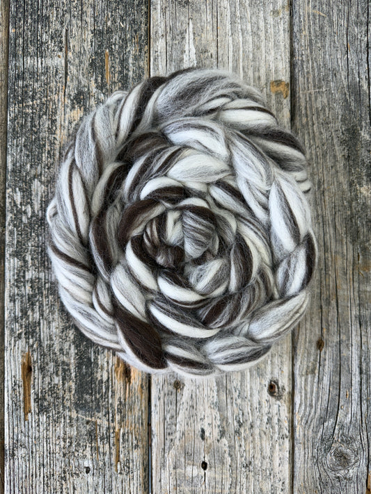 Hand Dyed Corriedale Top Fiber Braid 5.4oz “Humbug”