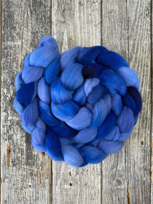 Hand Dyed Corriedale Top Fiber Braid 8.7oz “Quoddy Nights”