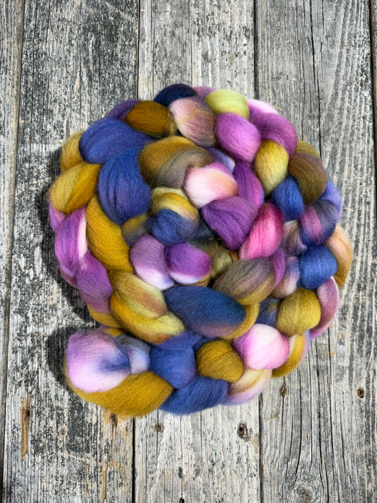 Hand Dyed Corriedale Top Fiber Braid 7.5oz “Floral Fix”