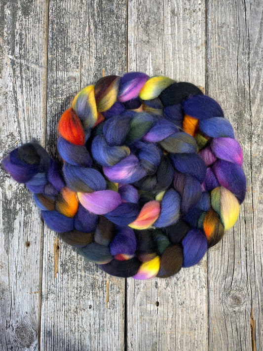 Hand Dyed Corriedale Top Fiber Braid 9.10oz “Nebula”