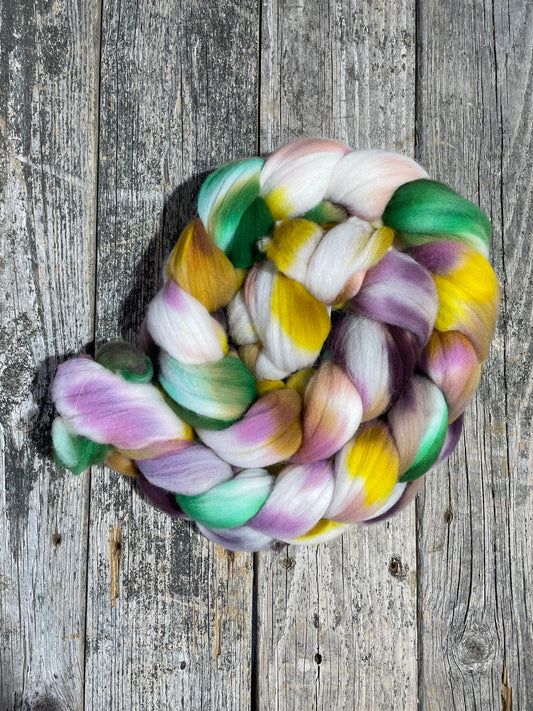 Hand Dyed Rambouillet Top Fiber Braid 7.48oz “Easter”
