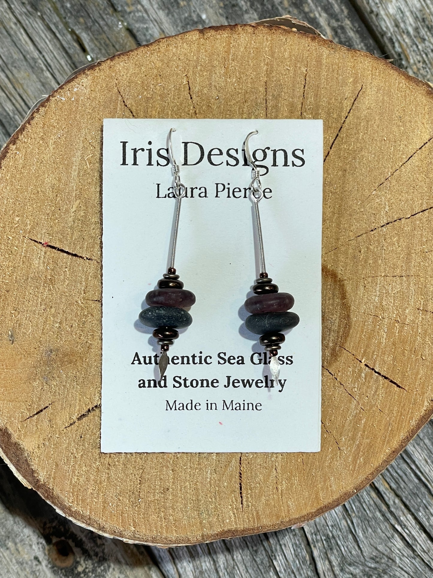 Sea Stone and Purple Sea Glass Dagger Earrings by Iris Designs