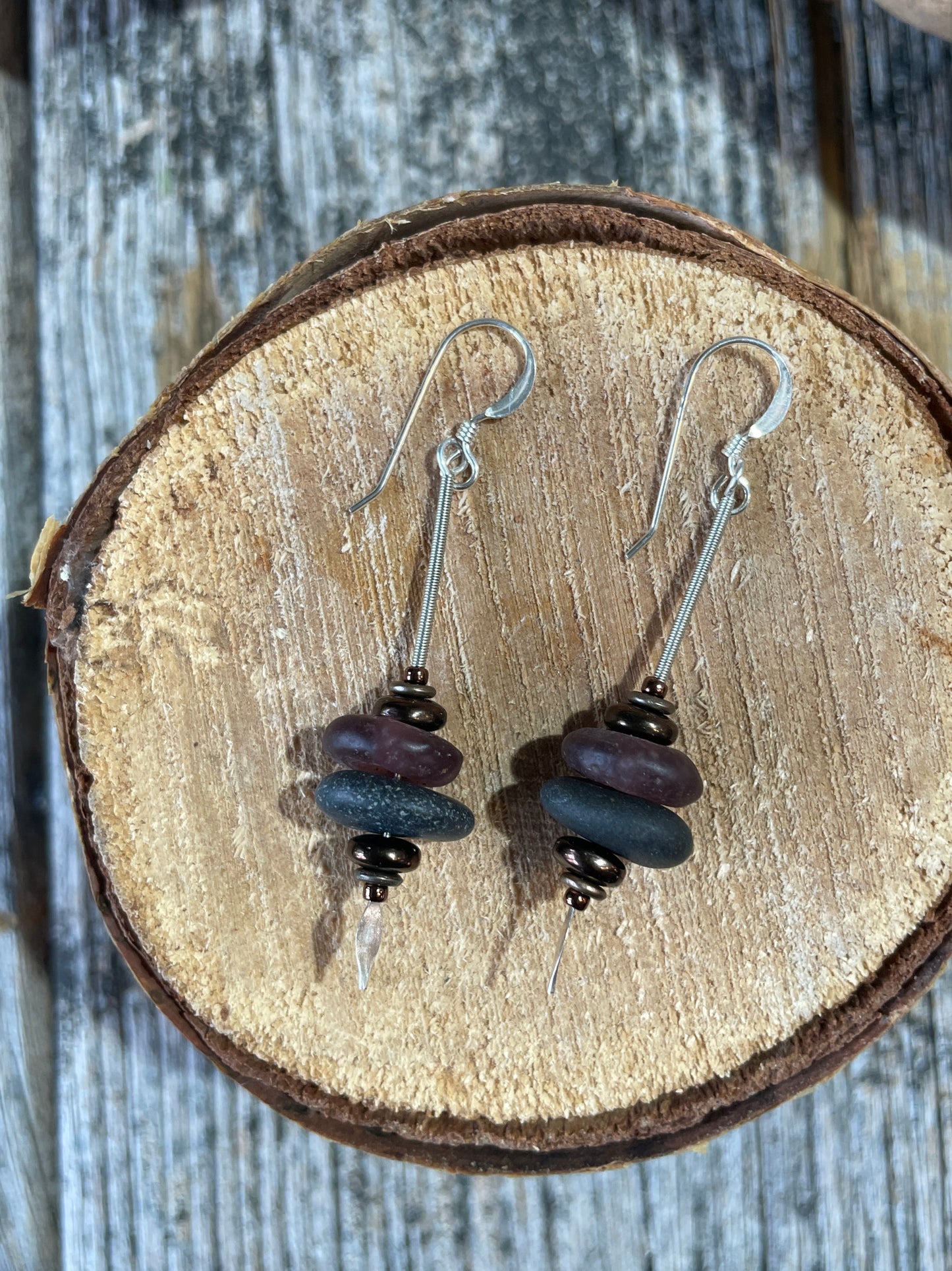 Sea Stone and Purple Sea Glass Dagger Earrings by Iris Designs