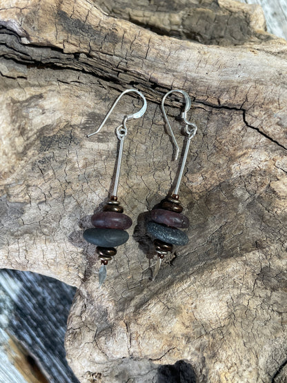 Sea Stone and Purple Sea Glass Dagger Earrings by Iris Designs