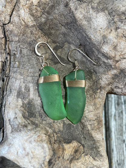 Gold Filled and Green Sea Glass Earrings by Iris Designs