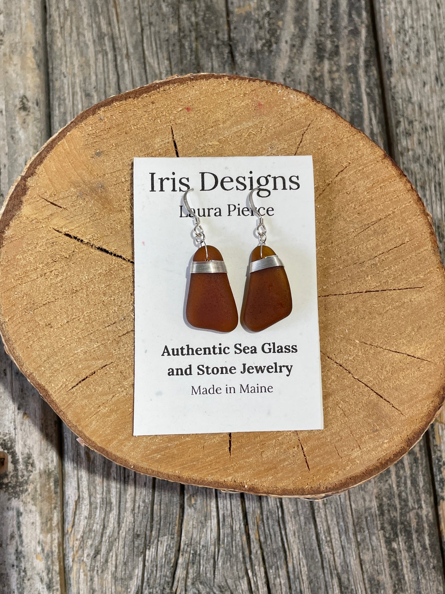 Brown Sea Glass and Sterling Silver Earrings by Iris Designs