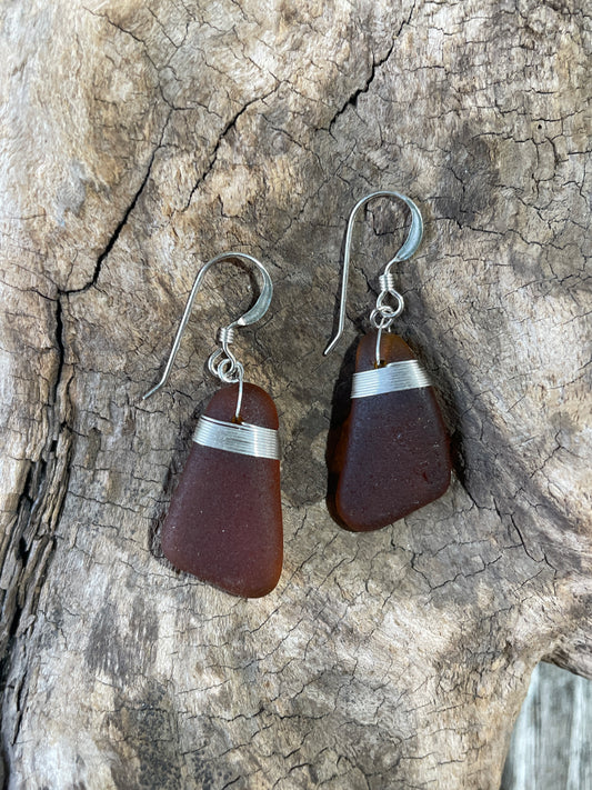 Brown Sea Glass and Sterling Silver Earrings by Iris Designs