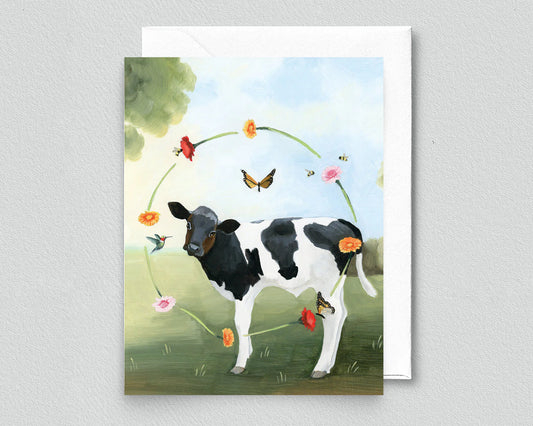 Farm Sweet Farm Cow Greeting Card (blank inside) by Kim Ferreira (Joie de Vivre)