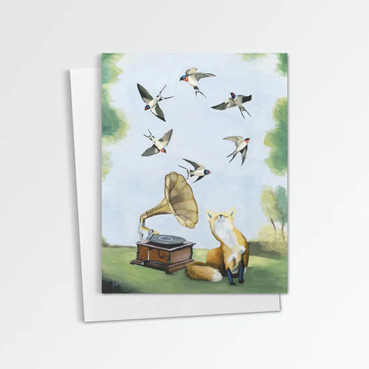 Fox with Phonograph Greeting Card (blank inside) by Kim Ferreira (Joie de Vivre)