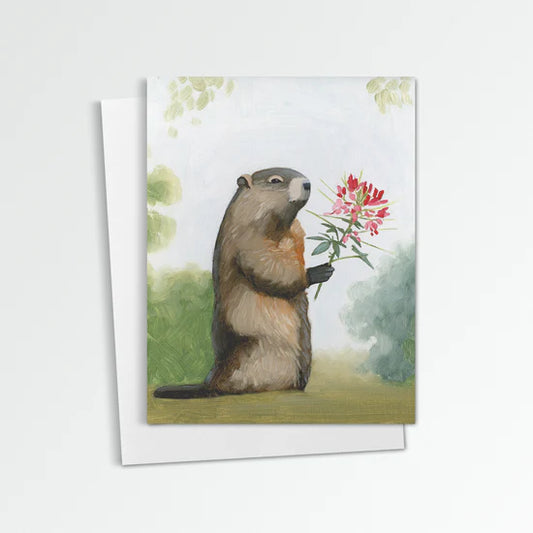 Groundhog with Cleome Greeting Card (blank inside) by Kim Ferreira (Joie de Vivre)