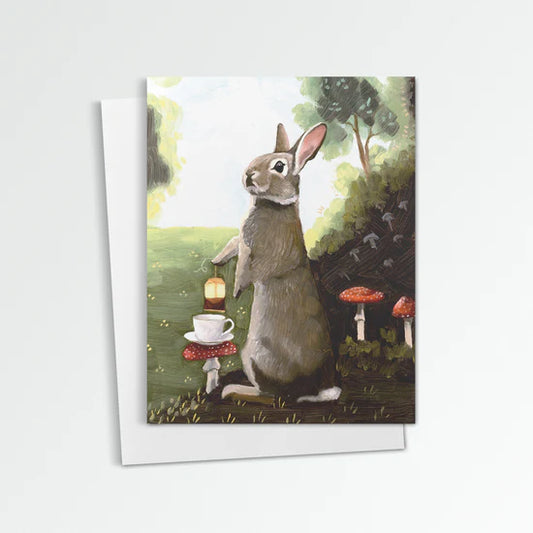 Rabbit with Toadstools and Tea Greeting Card (blank inside) by Kim Ferreira (Joie de Vivre)