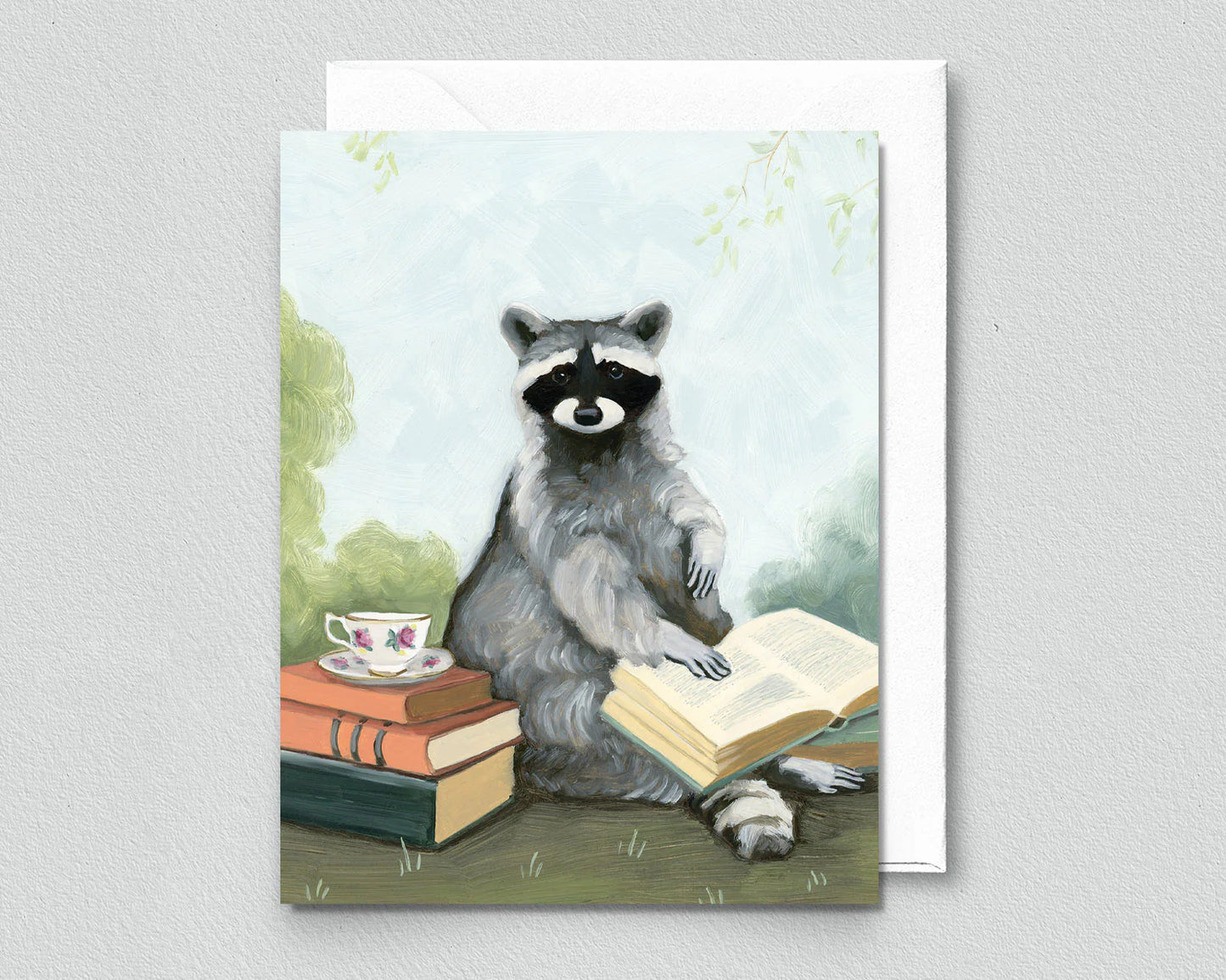 Raccoon with Tea and Books Greeting Card (blank inside) by Kim Ferreira (Joie de Vivre)