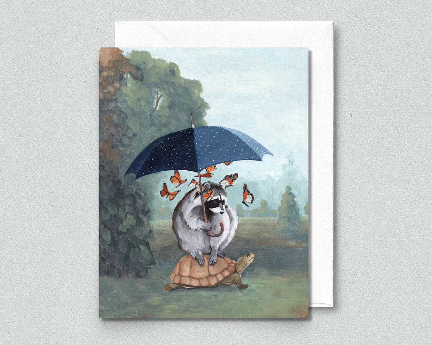 Raccoon with Umbrella Greeting Card (blank inside) by Kim Ferreira (Joie de Vivre)