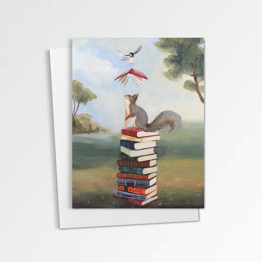 Squirrel with Books Greeting Card (blank inside) by Kim Ferreira (Joie de Vivre)