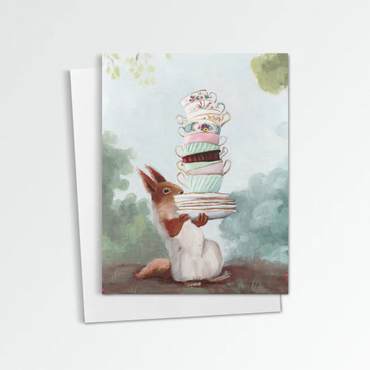 Squirrel with Teacups Greeting Card (blank inside) by Kim Ferreira (Joie de Vivre)