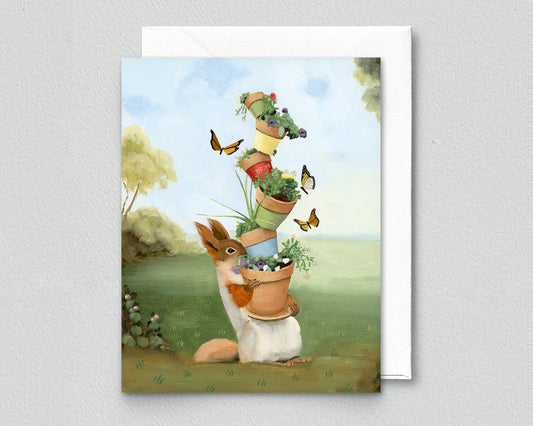 Squirrel Gardening Greeting Card (blank inside) by Kim Ferreira (Joie de Vivre)