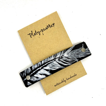 Silver Feather on Black Leather Hair Clip by PlatypusMax