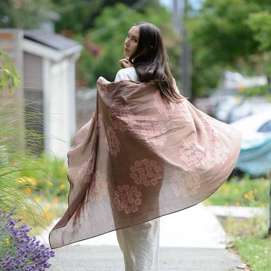 Autumn Breeze Handmade Block Print Terracotta Large Scarf by Ichcha