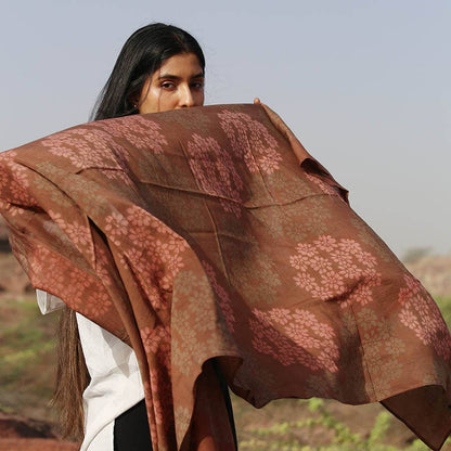Autumn Breeze Handmade Block Print Terracotta Large Scarf by Ichcha
