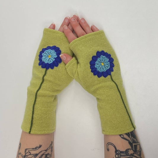Blue Zinnia on Green - Fingerless Cashmere Gloves from Sardine Clothing Co.