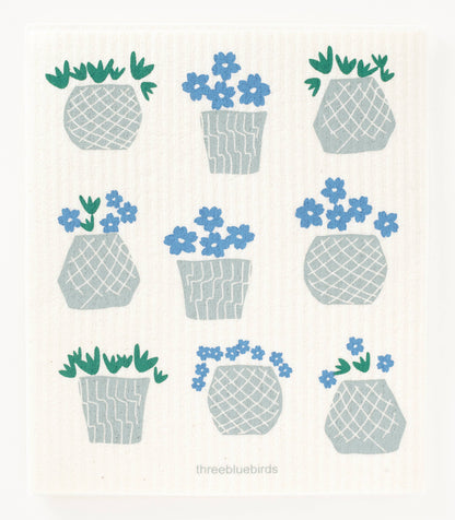 Flower Pots on White - Swedish Dishcloths by Three Blue Birds