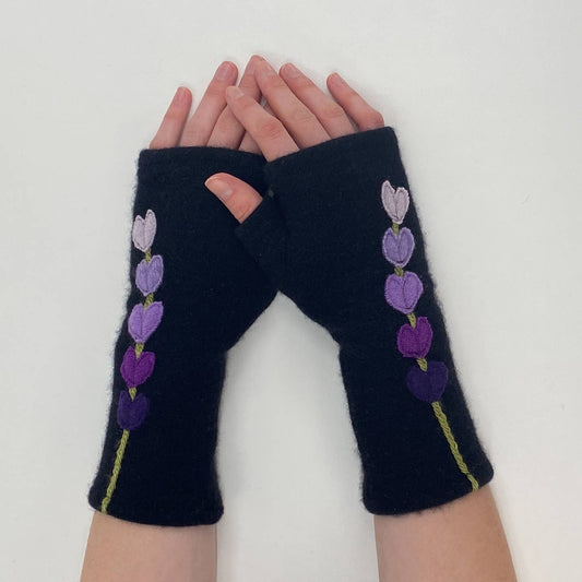 Purple Lupine on Black - Fingerless Cashmere Gloves from Sardine Clothing Co.