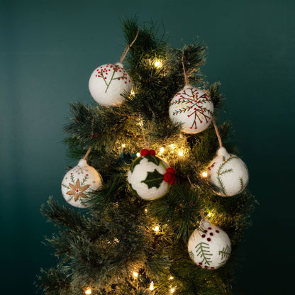 Holiday Felt Ball Ornament Hand Embroidered White Assorted from The Winding Road