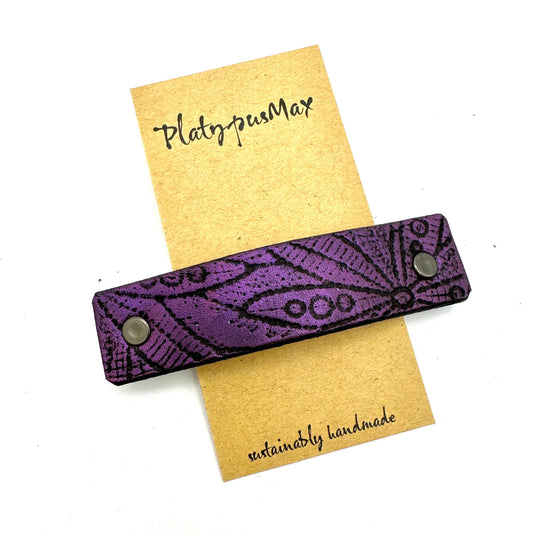 Purple & Black Boho Flowers Leather Hair Barrette by PlatypusMax