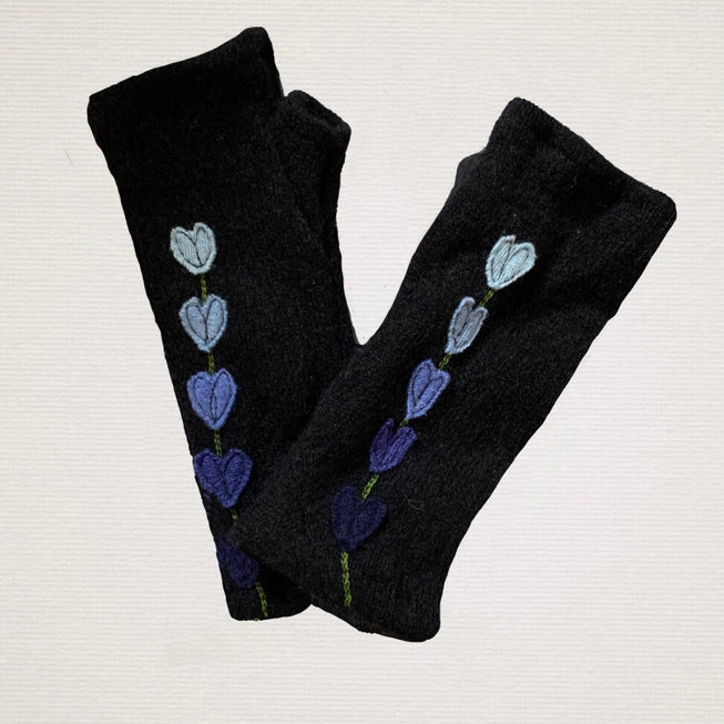 Blue Lupine on Black - Fingerless Cashmere Gloves from Sardine Clothing Co.