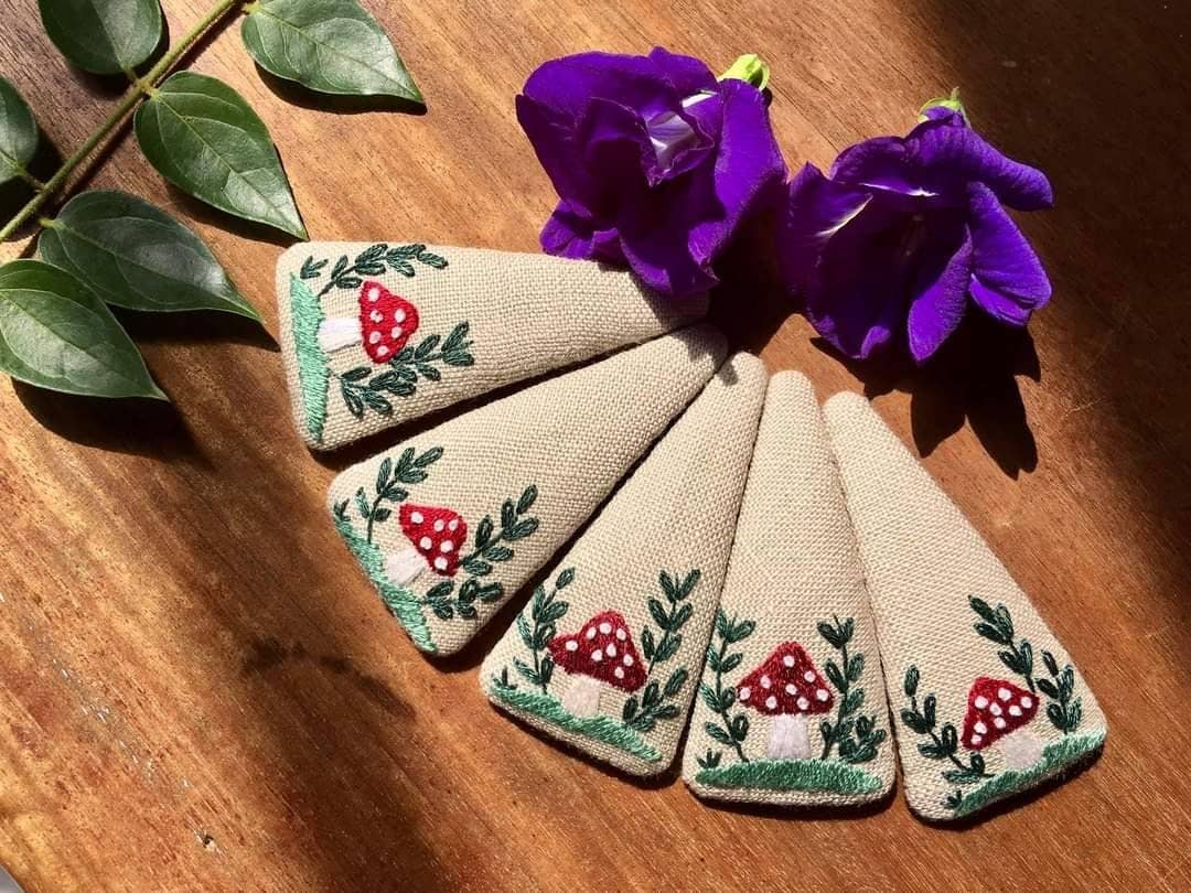 Mushroom Embroidered Hair Barrette from Quince Fables - Maine Yarn & Fiber Supply
