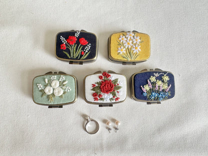 Floral Embroidered Rectangle Mini Jewelry Box With Mirror by Quince Fables