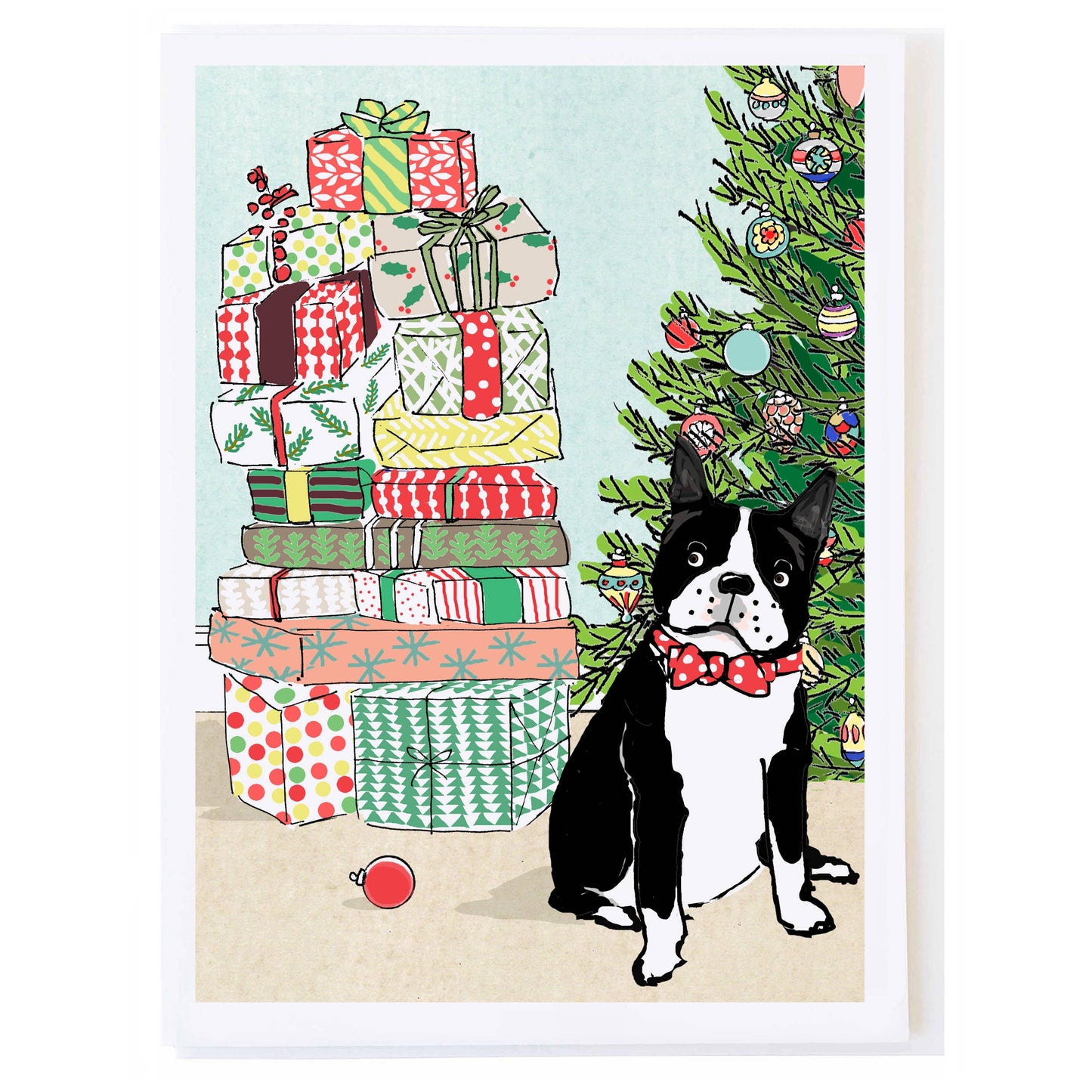 Boston Terrier with Presents - Single Greeting Card by Molly O