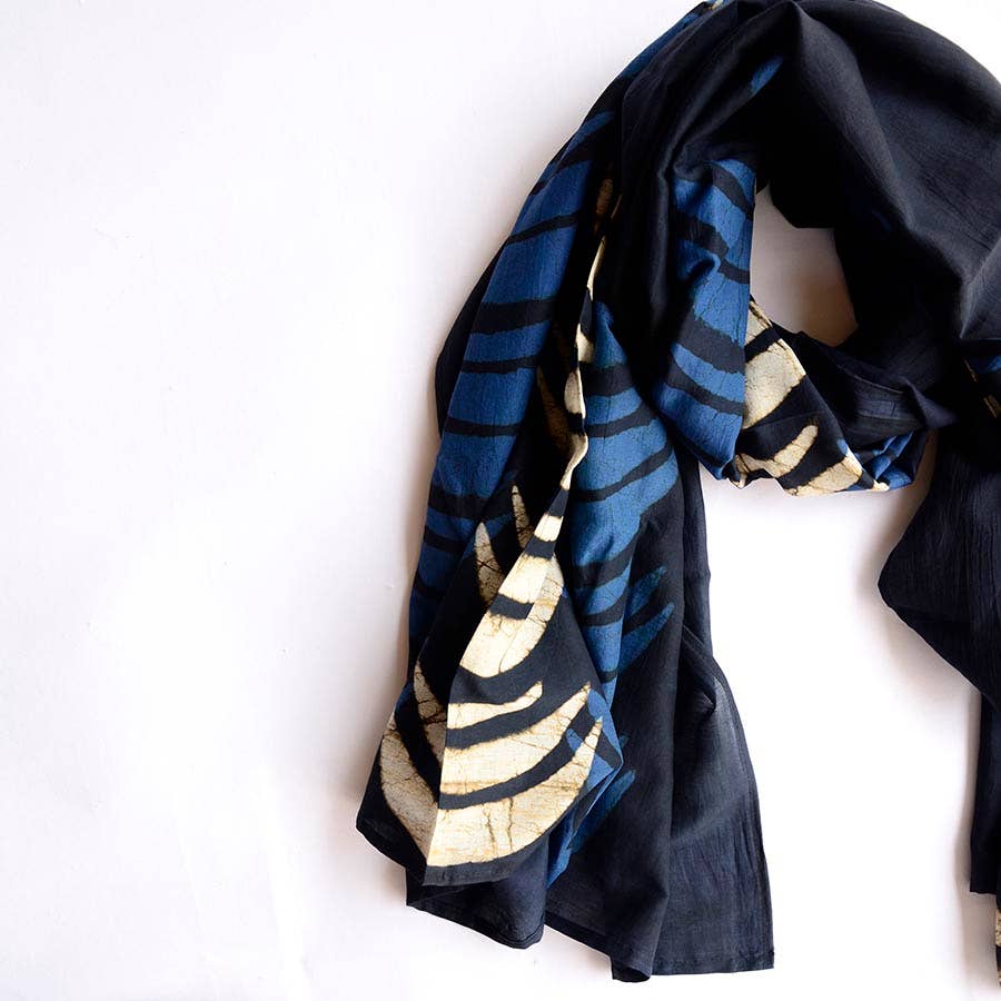 Crescent Blue Moon Block Print Scarf by Ichcha - Maine Yarn & Fiber Supply